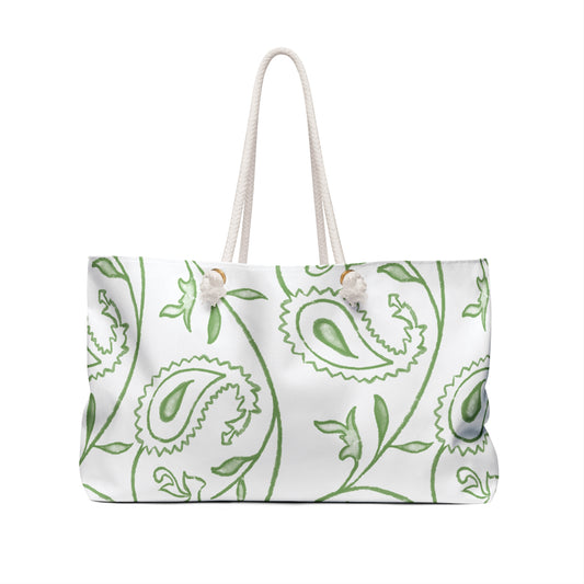 Oversized green paisley travel tote with rope handles