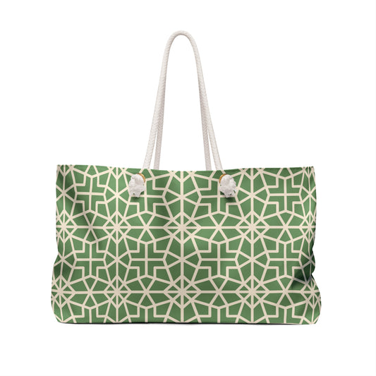Oversized green abstract travel tote with rope handles