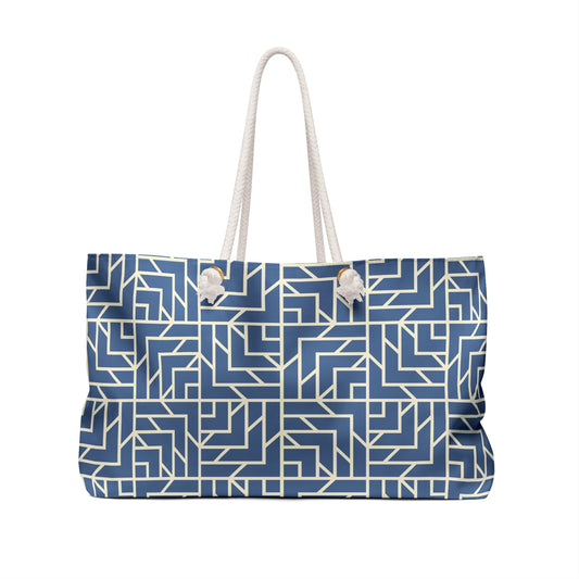 Oversized Geo Blue travel tote with rope handles