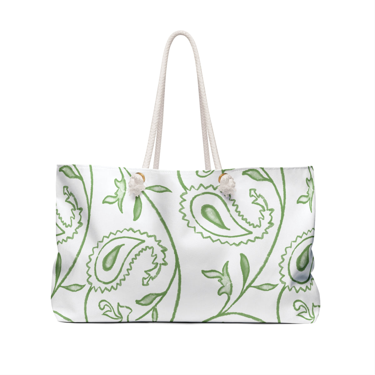 Oversized green paisley travel tote with rope handles