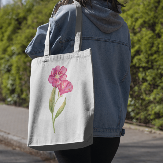 Floral Tote Bag with Pink Watercolor Flower - 100% Organic Cotton Eco Shopper Tote