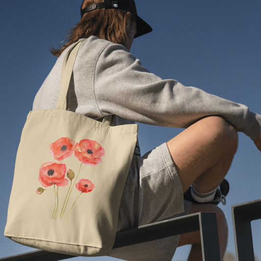 Watercolor Poppy Flower Tote Bag - 100% Organic Cotton Canvas Shoulder Bag