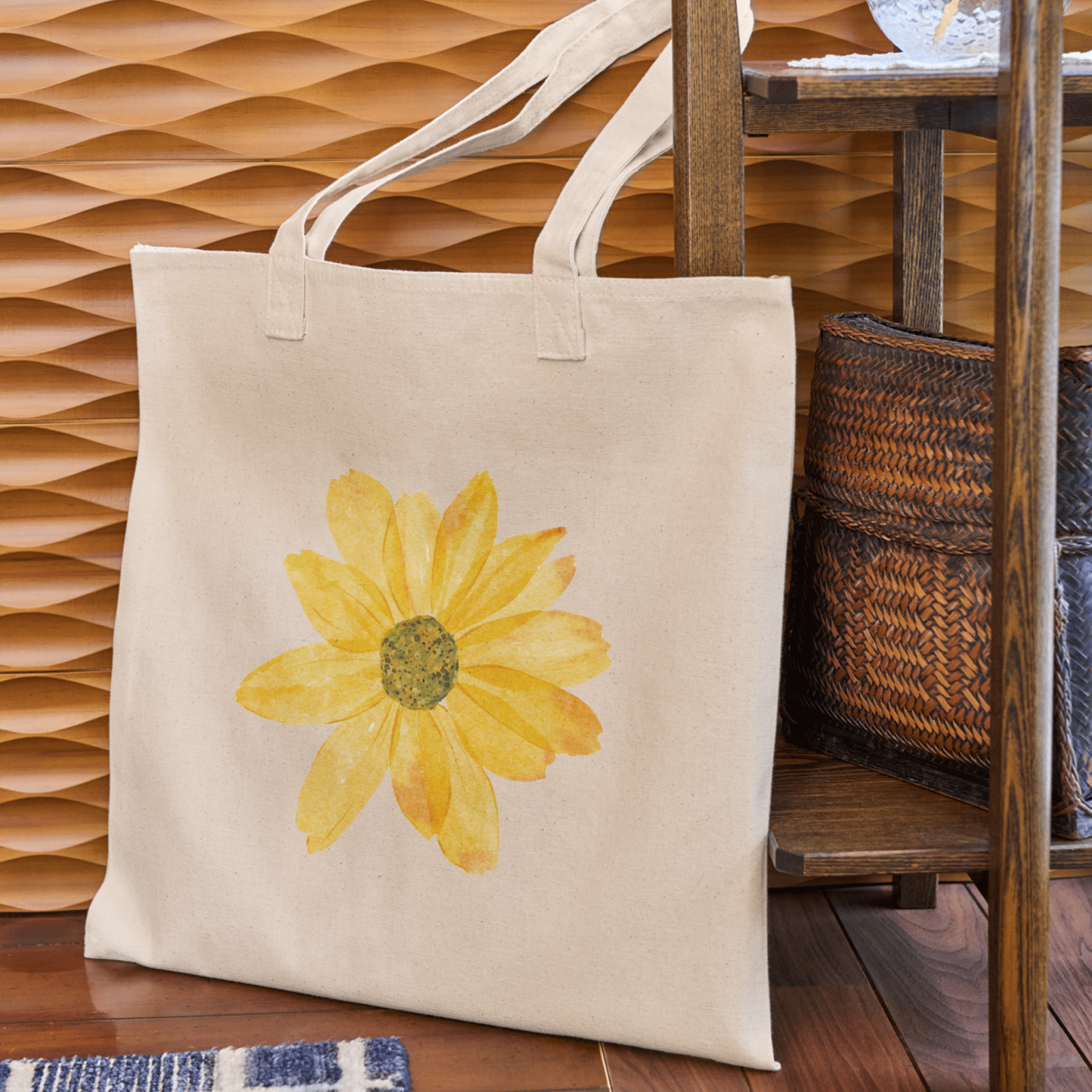 Golden Watercolor Flower Tote Bag - Organic Cotton, Eco-Friendly, Reusable