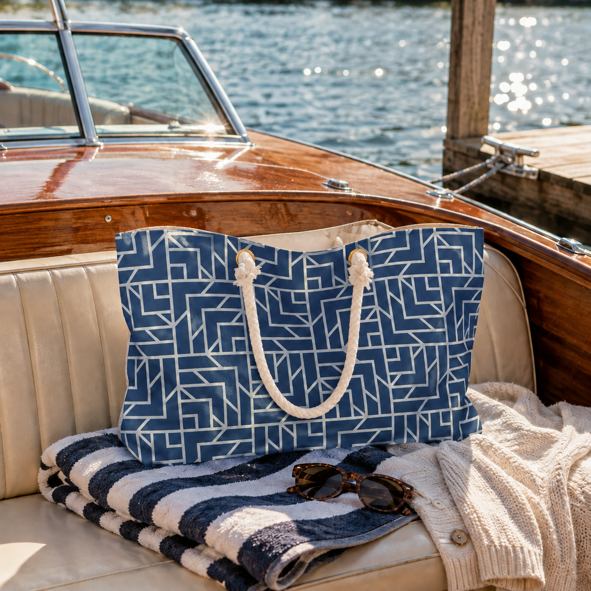 Geo Blue weekender bag with cream rope handles