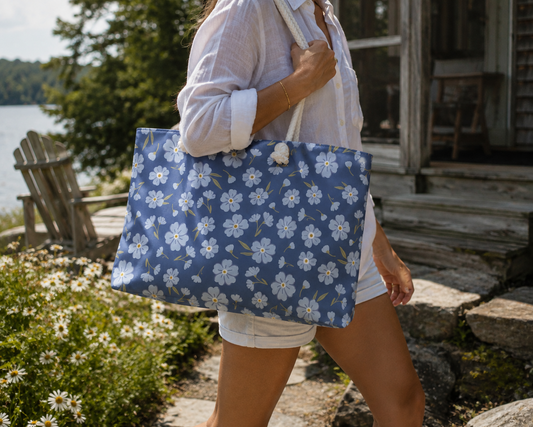 Blue floral weekender bag with cream rope handles
