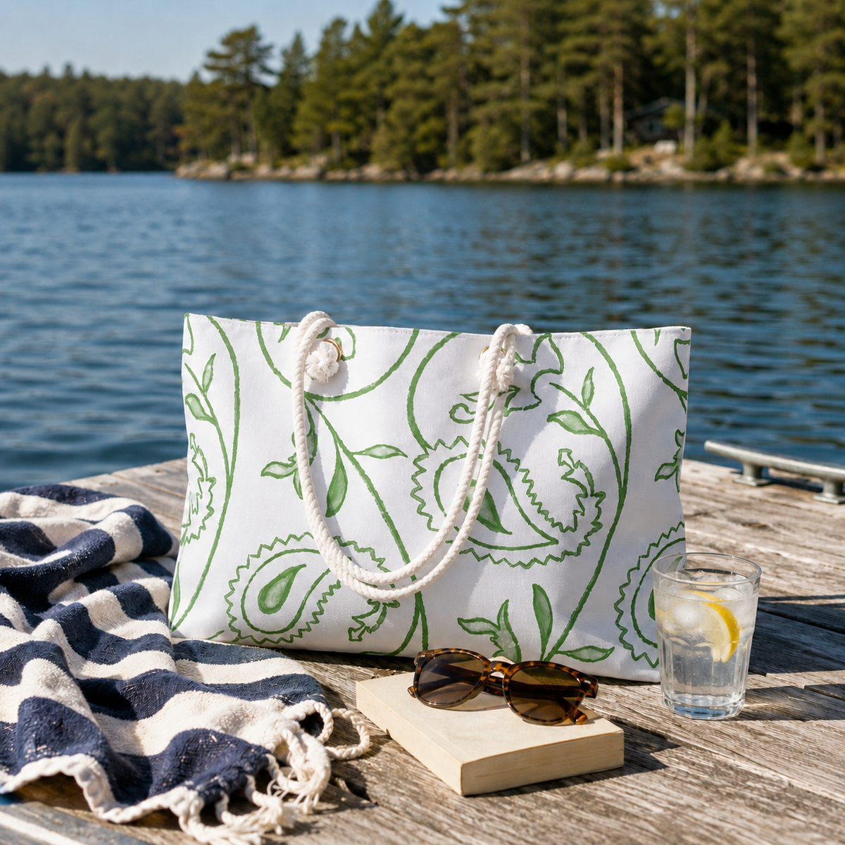 Green paisley weekender bag with cream rope handles