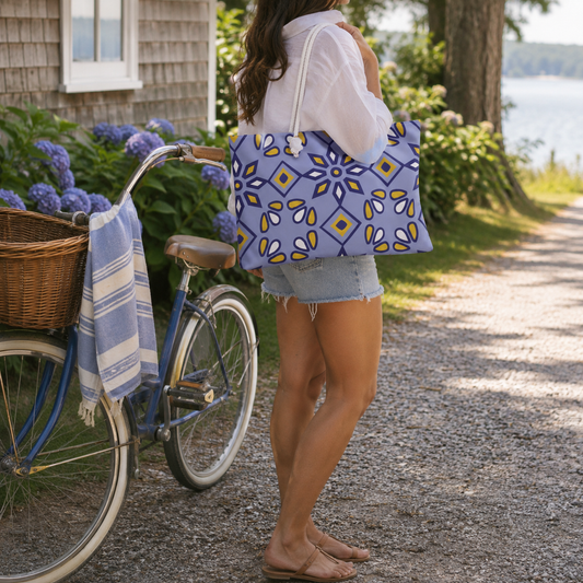 Purple abstract weekender bag with cream rope handles