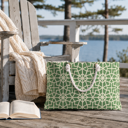 Green abstract weekender bag with cream rope handles
