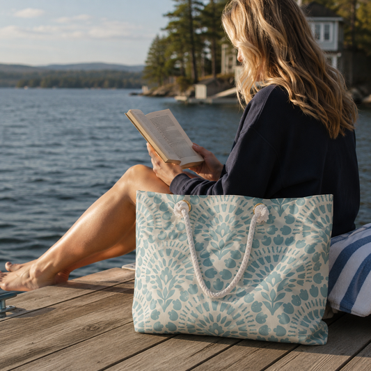 Green abstract floral weekender bag with cream rope handles