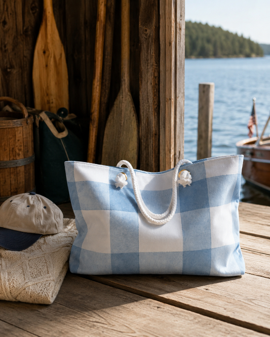 Blue plaid weekender bag with cream rope handles