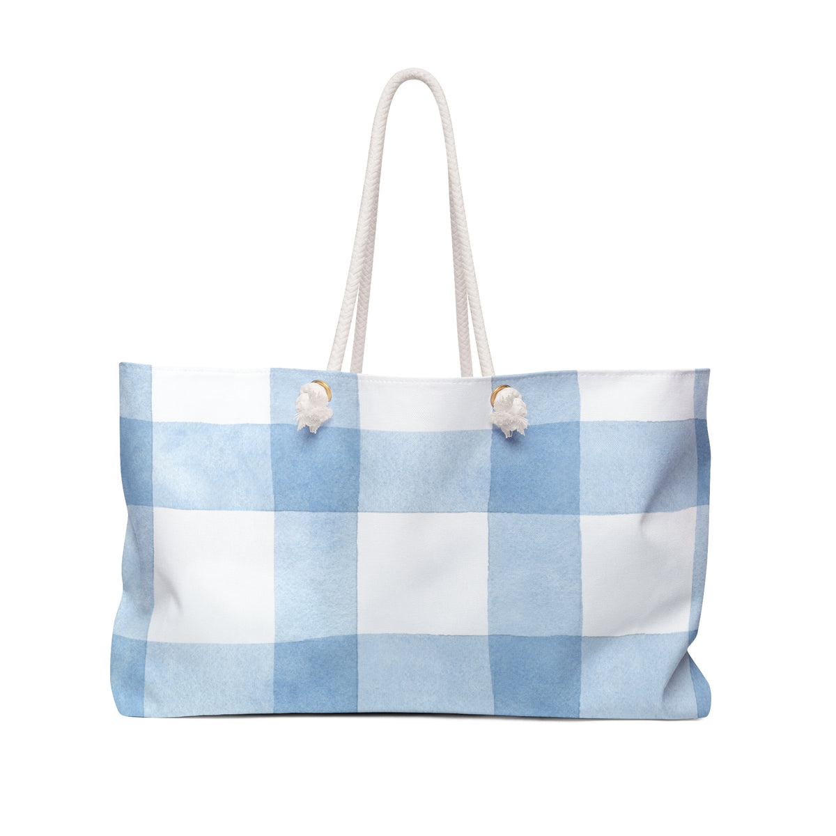 Blue plaid travel bag with all-over pattern