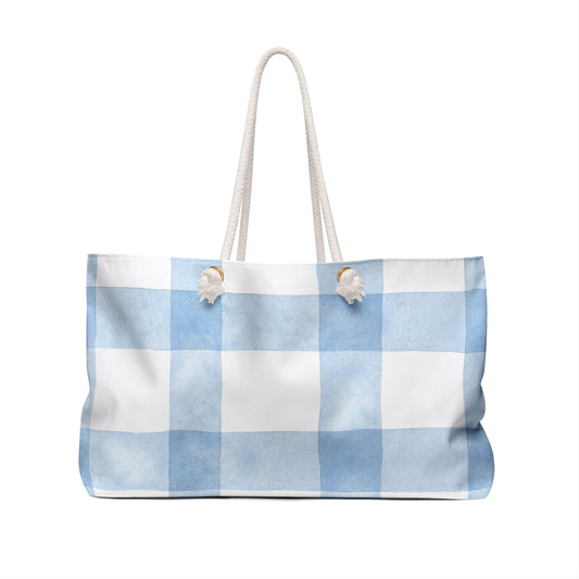 Oversized blue plaid travel tote with rope handles