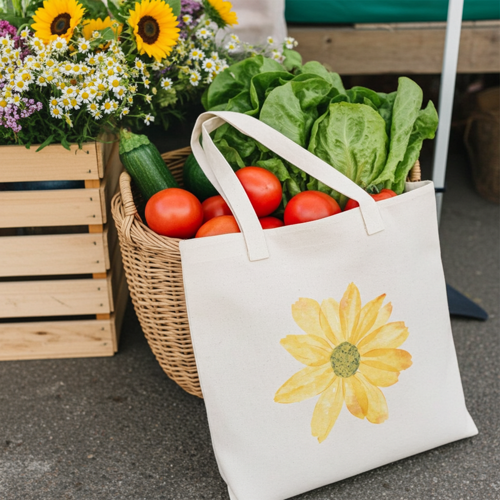 Golden Watercolor Flower Tote Bag - Organic Cotton, Eco-Friendly, Reusable